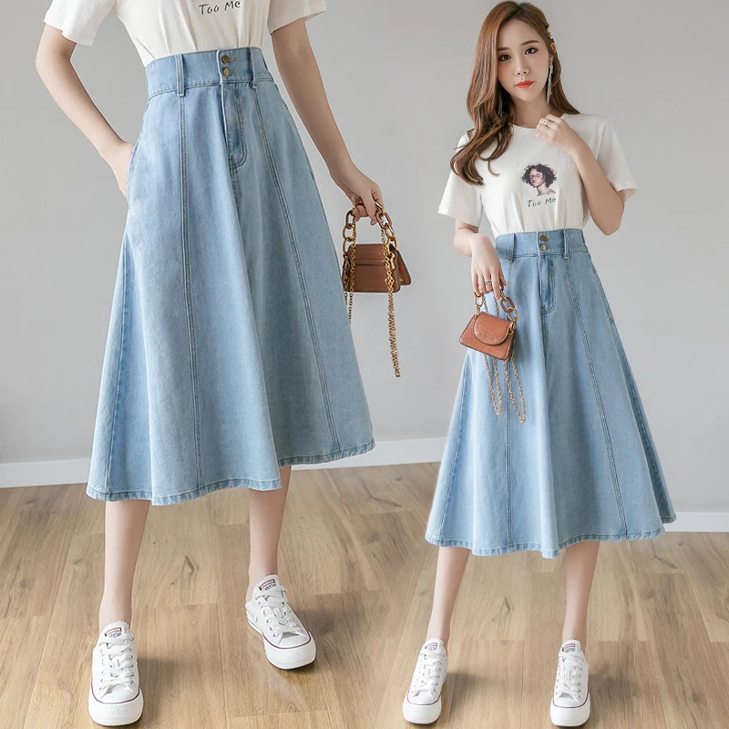 

Zoki Elastic High Waist Women Denim Skirt Fashion Korean A Line Spring Jeans Skirt Casual Elegant Blue Ladies Midi Faldas 2021