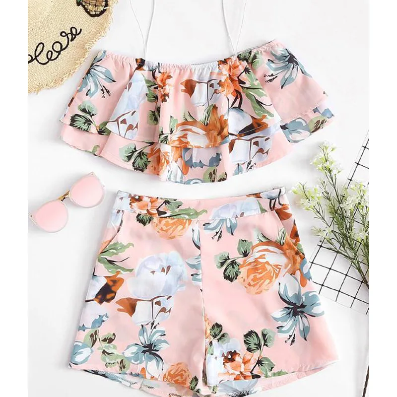 Комплект из двух предметов с цветочным принтом топ и штаны летний женский