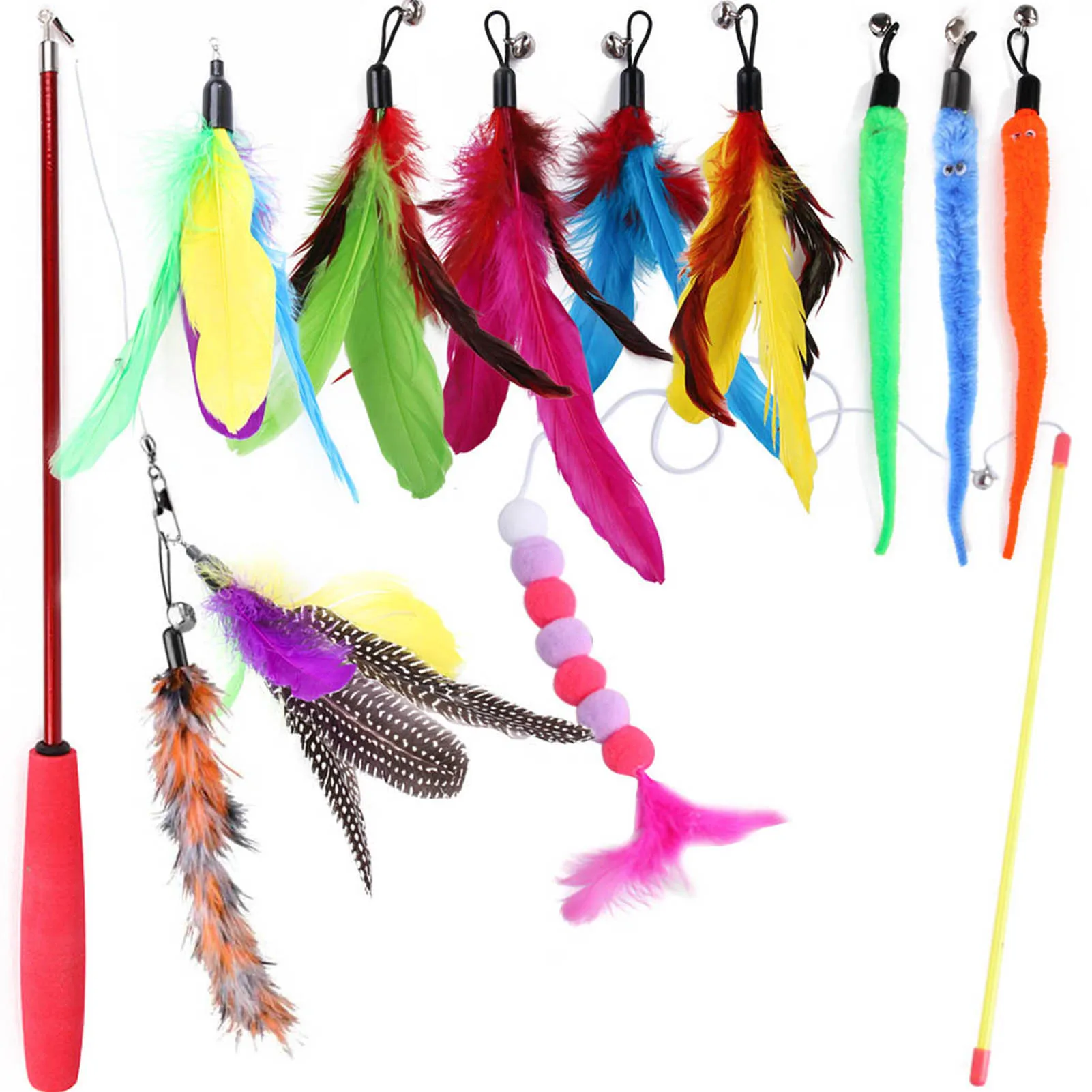 

12PCS Cat Teaser Toys Set Interactive Colored Cat Wand Toy Cat Feather Teaser Wand Toy For Kitten Cat Having Fun Attractively