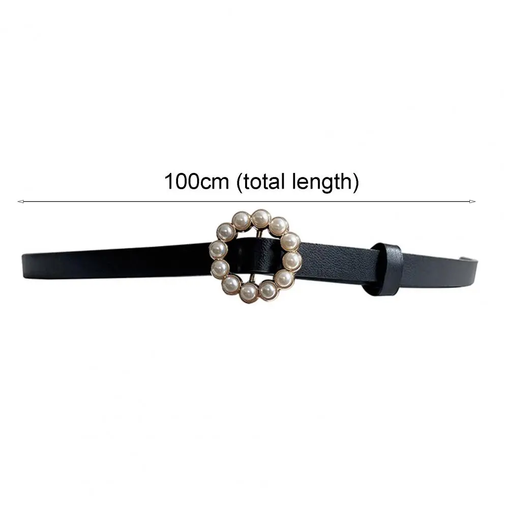 

Thin Waistband Dress Matching Faux Leather Fake Pearl Round Buckle Women Waist Belt for Date Women Waist Belt