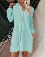 autumn and winter solid v neck long sleeve twist button casual dress womens wear