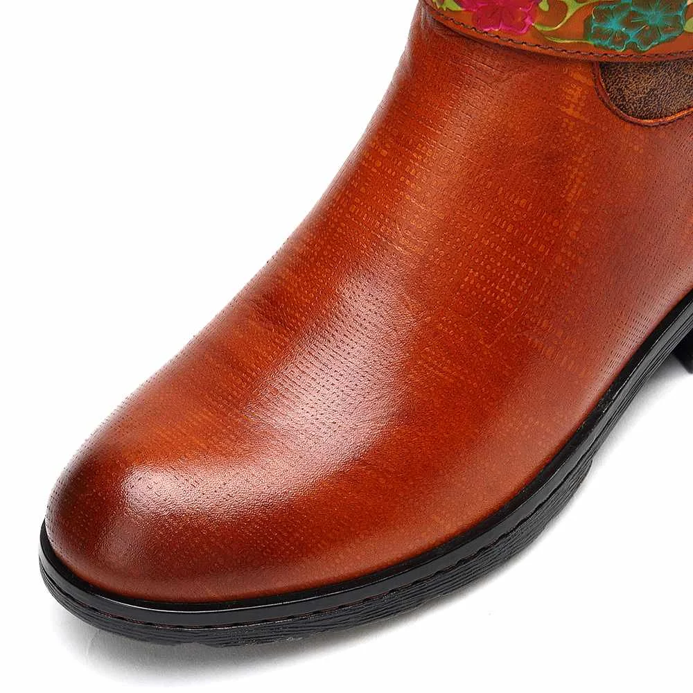 SOCOFY Botas mujer; ботинки из натуральной кожи с квадратным узором; ботинки до середины икры на мягкой плоской подошве; обувь на каблуке; женская зимняя обувь