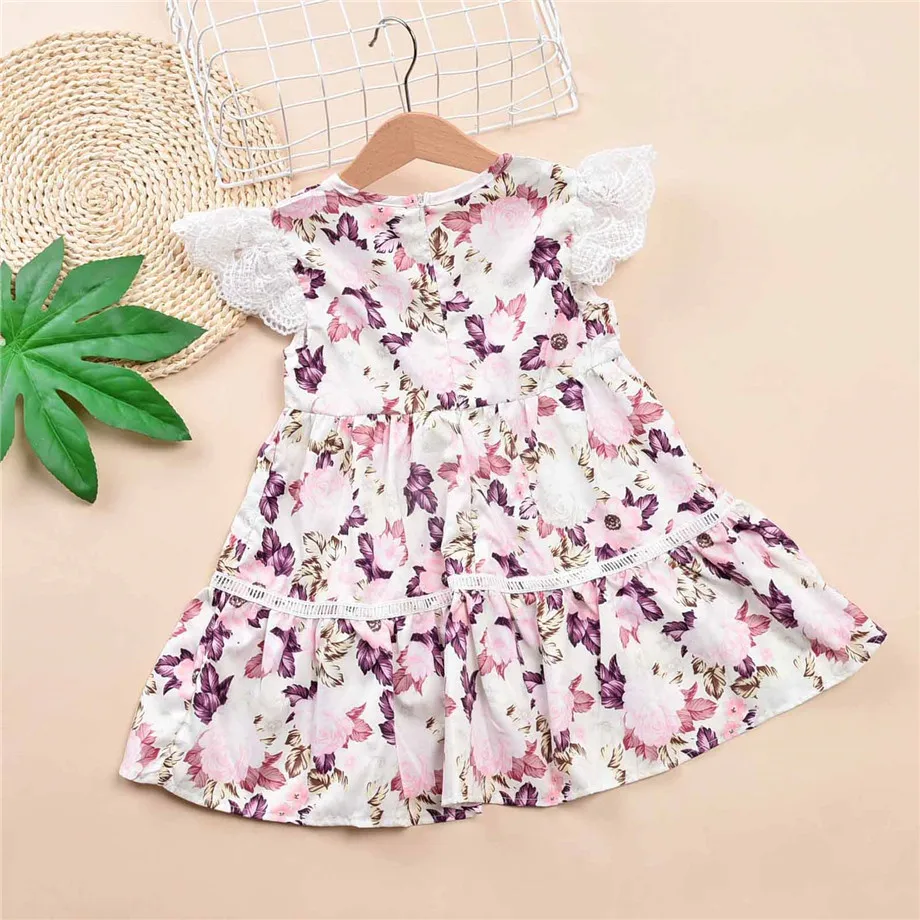 

Girls Casual Dress, White Floral Printed Pattern Fly Sleeves Zipper Closure Kids Girls Summer Casual Sweet Dresses