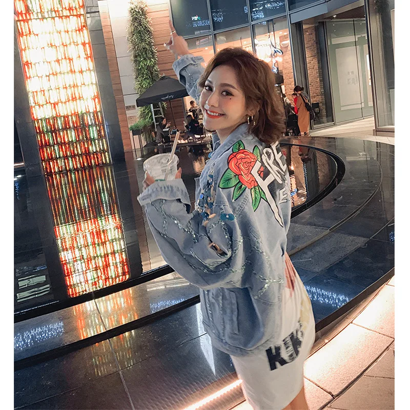 Женская джинсовая куртка Короткая свободная с блестками весна-осень 2021 | одежда