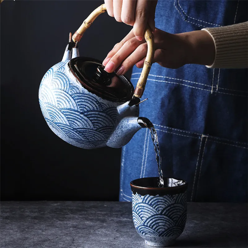 

Japanese Style Household Sea Ripple Teapot Ceramic Tea Cup Creative Kung Fu Water Mug Restaurant Office Filter Tea Pot Drinkware