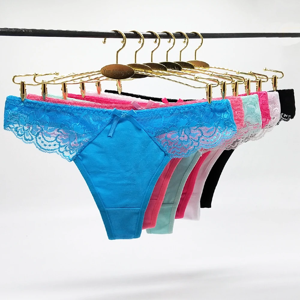 

6 Pieces Women Lingerie G Strings Lace Underwear Female Sexy T-back Thong Panties Transparent Cotton Underpants Pantys Solid