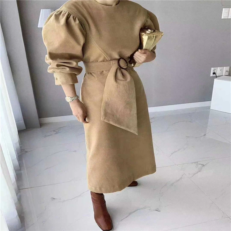 

2020 Fall French style retro puff sleeve waistband corduroy dress O-neck soild color long women zipper dresses