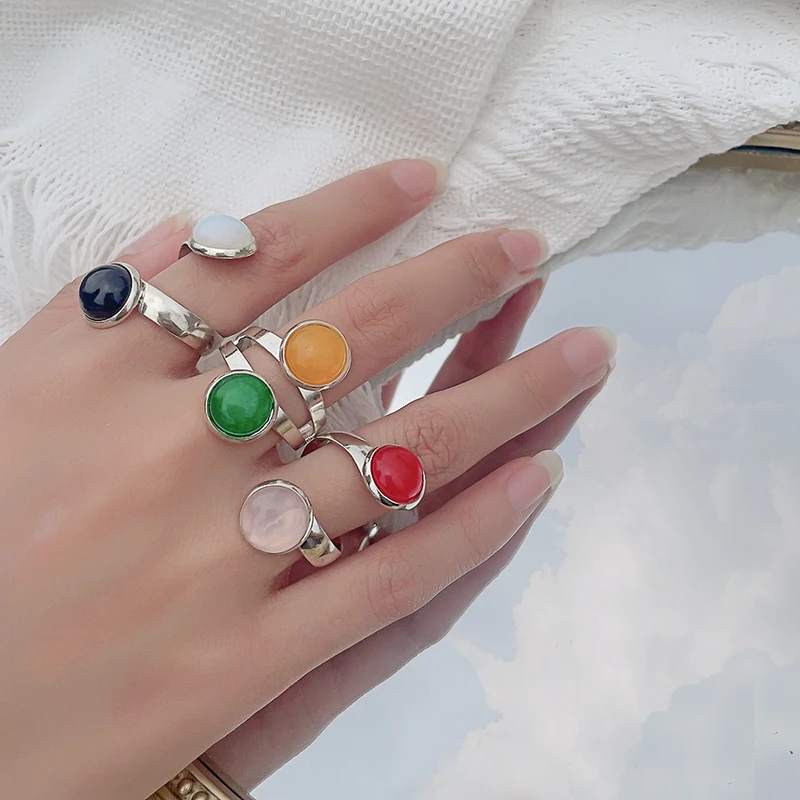 

Natural Stone Open Rings for Women 10 mm Lapis Lazuli Malachite Opal Classical Rings for Lady Wedding Gifts for Girls Adjustable