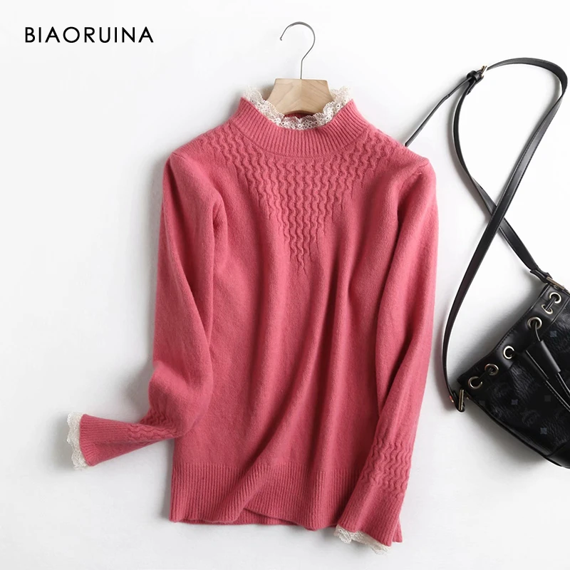 

BIAORUINA Women's Korean Style Winding Knitted Pullover Lace Spliced Mock Neck Female Loose Sweet All-match Sweater One Size