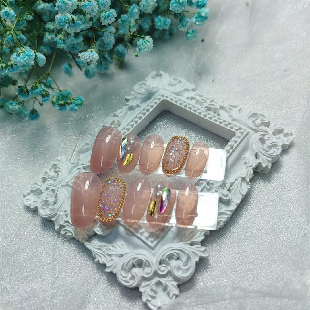 

2021 24pcs Pearl Inlaid Nail Patch Glue Type Removable Long Paragraph Fashion Manicure Save Time False Nail Patch FRE-Drop