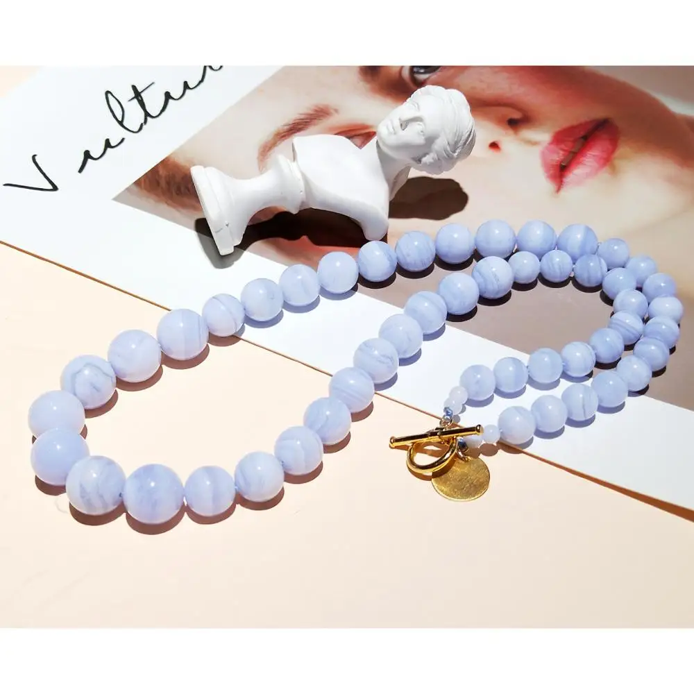 

Lii Ji Blue Lace Agate 925 Sterling Silver Gold Plated Necklace 52cm Natural Stone Handmade Jewelry