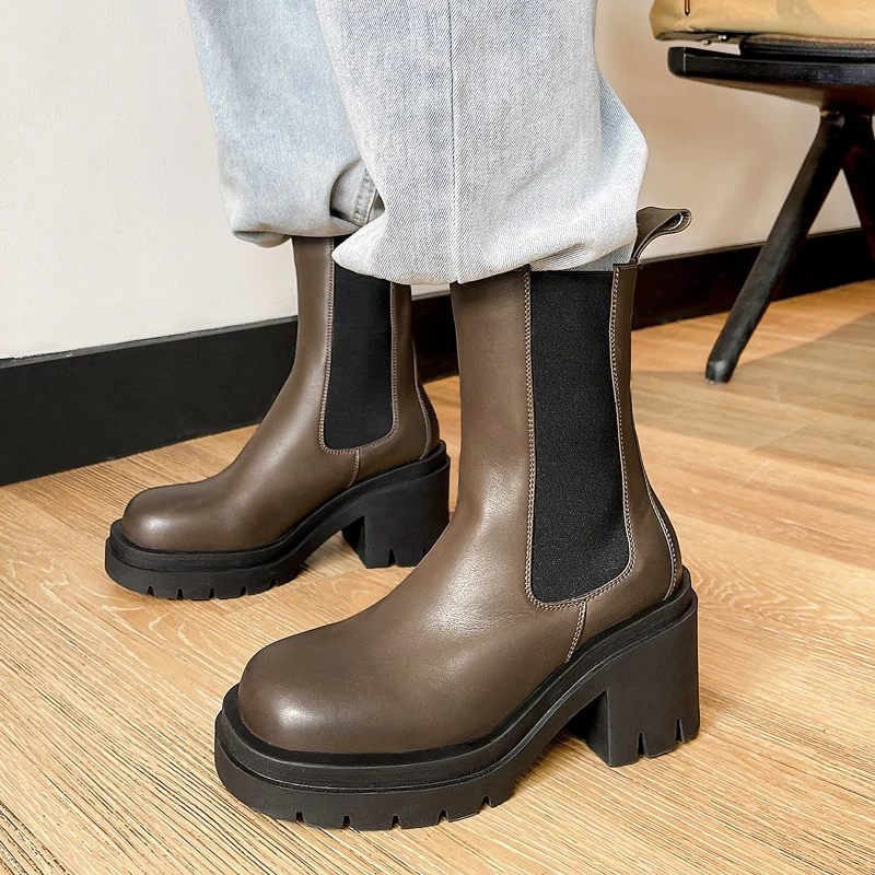 

High Heeled Chelsea Boots Short Boots Women's Shoes 2021 Autumn Winter New Martin Boots Height Increasing Platform Leather Boot