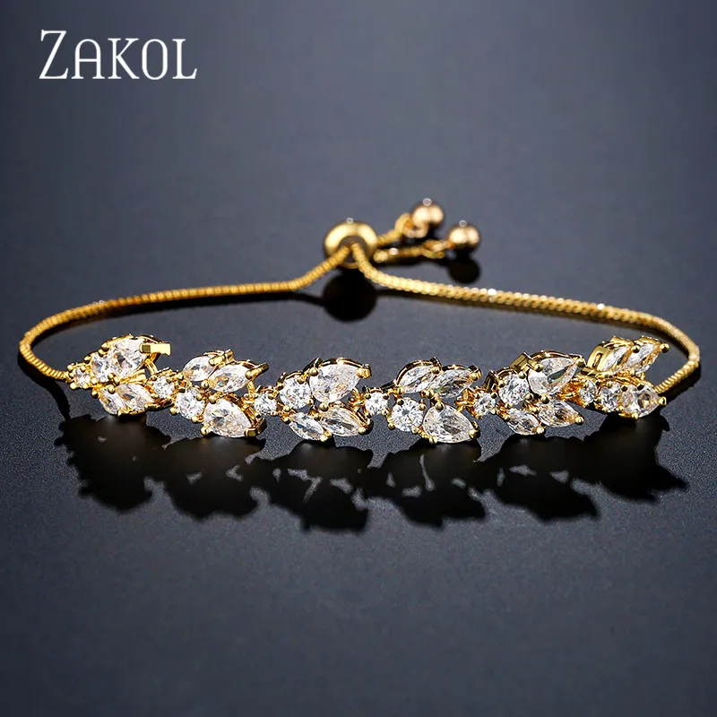 Gold Color ZAKOL высокое качество белый кубический цирконий лист регулируемые браслеты для женщин модные свадебные украшения FSBP2159 - Окраска металла: Gold Color