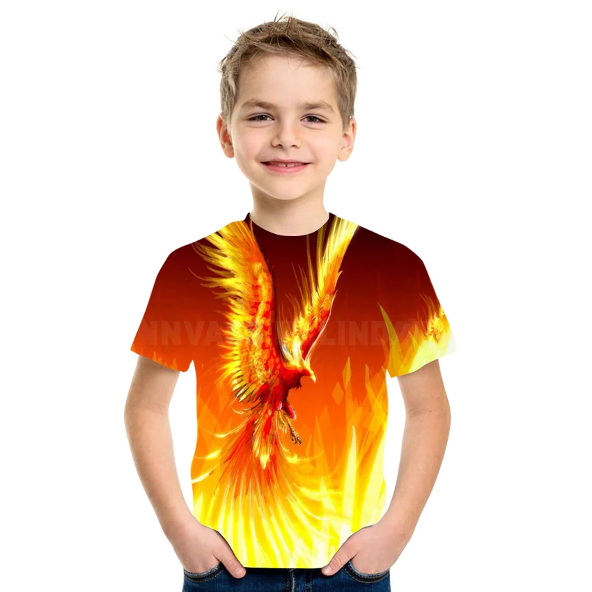 

Boy Phoenix Print T-Shirt Kids Polyester Animal Fun T-Shirt Kids Short Sleeve Girls Hip Hop Street Clothing 4T-16T