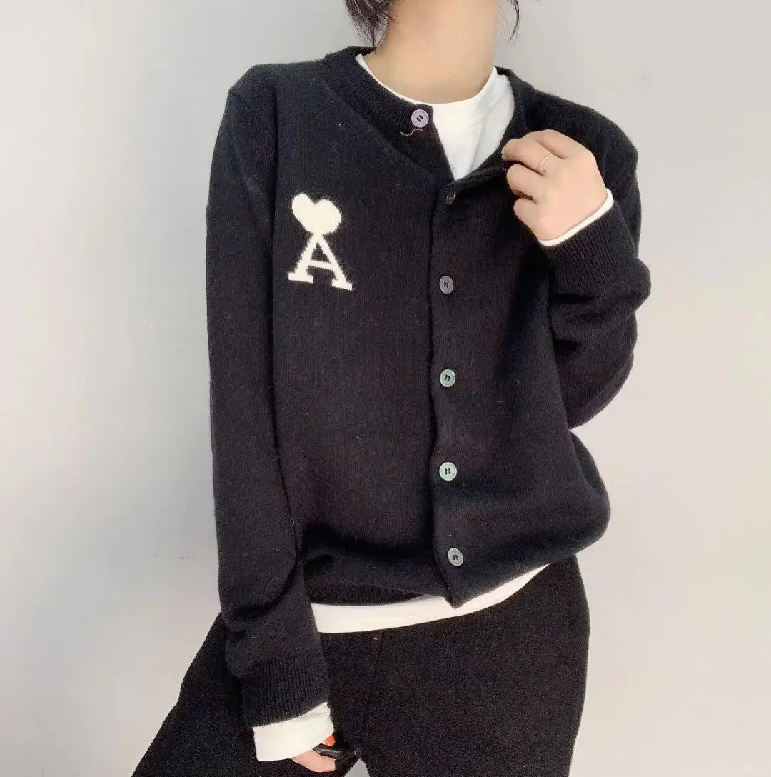 

AMI same pure color peach heart letter embroidery men's and women's knitted cardigan round neck long sleeve coat 2021