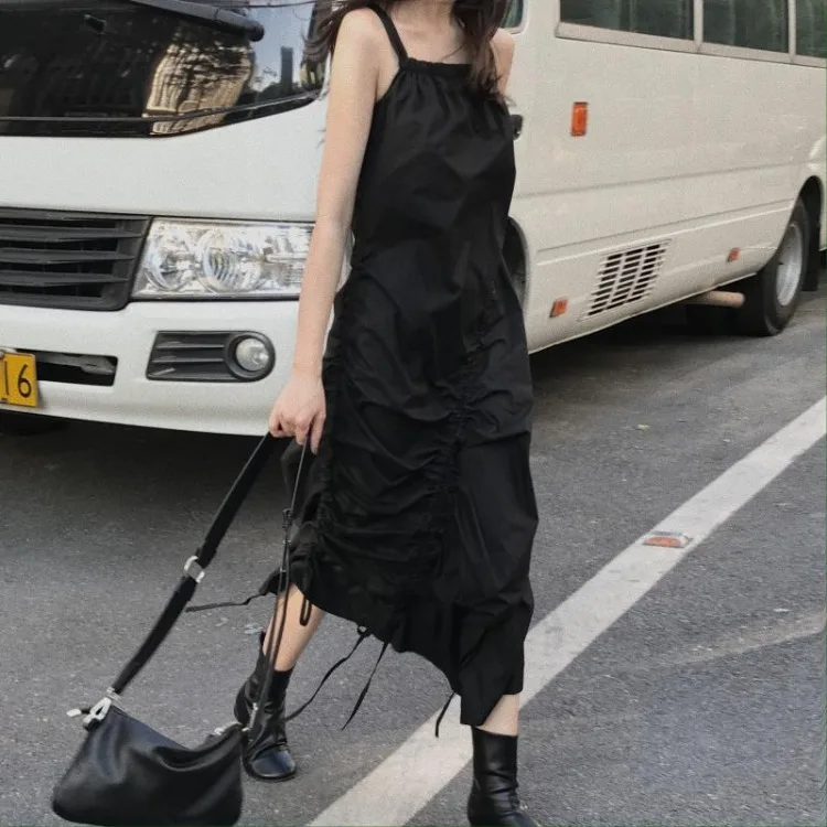 

Real Shot 2020 Spring Korean Chic Non-Mainstream Drawstring Dungaree Dress Simple Pull-Belt Pleated All-match Sleeveless Skirt