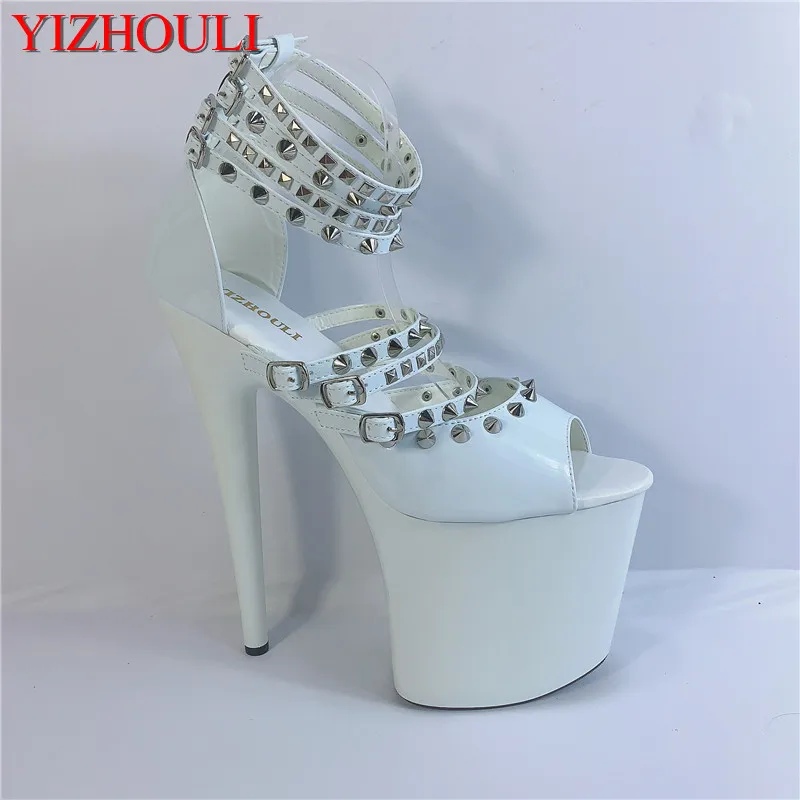 8 inches, model dance sexy rivet vamp sandals, baking paint 20 cm thin heel high heel pole dancing shoes