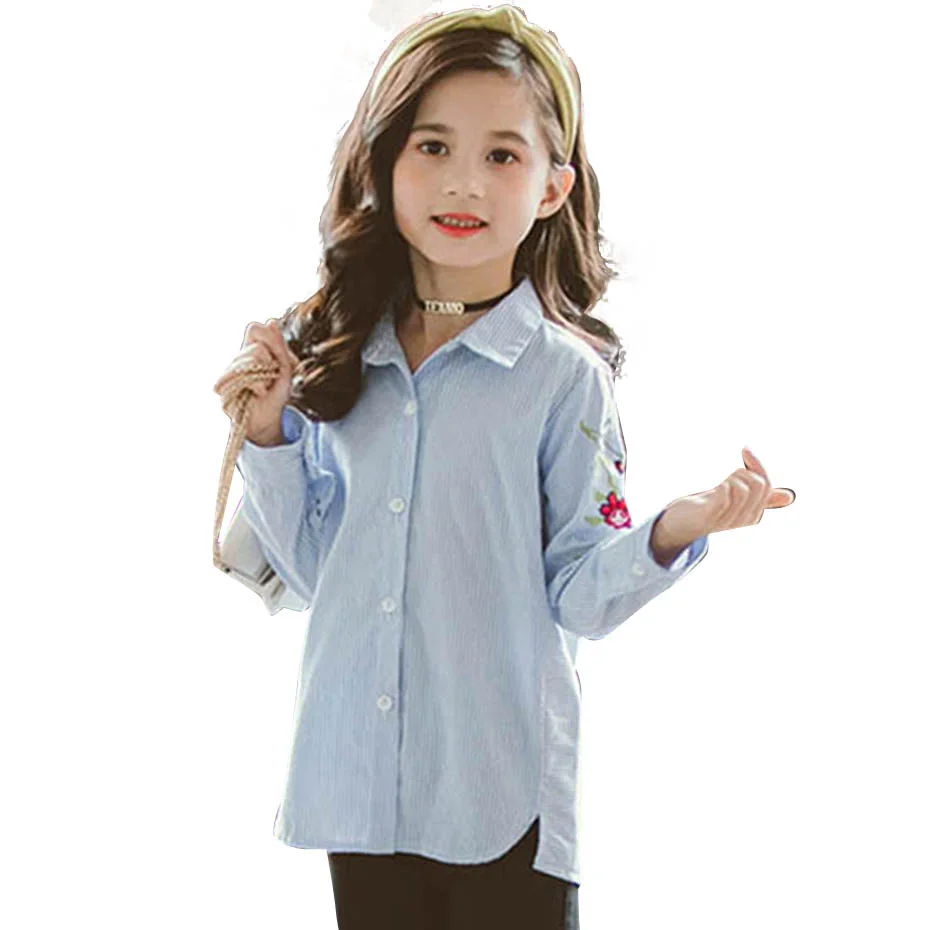 Рубашка для девочек рубашки в полоску детская блузка с цветочной вышивкой