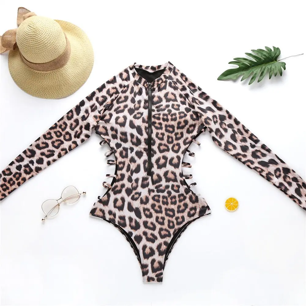 

WeiYao Snake Print One Piece Swimsuit 2021 Long Sleeves Swimwear Women Bathing Suit Bikinis Vintage One-piece Leopard Swimsuits