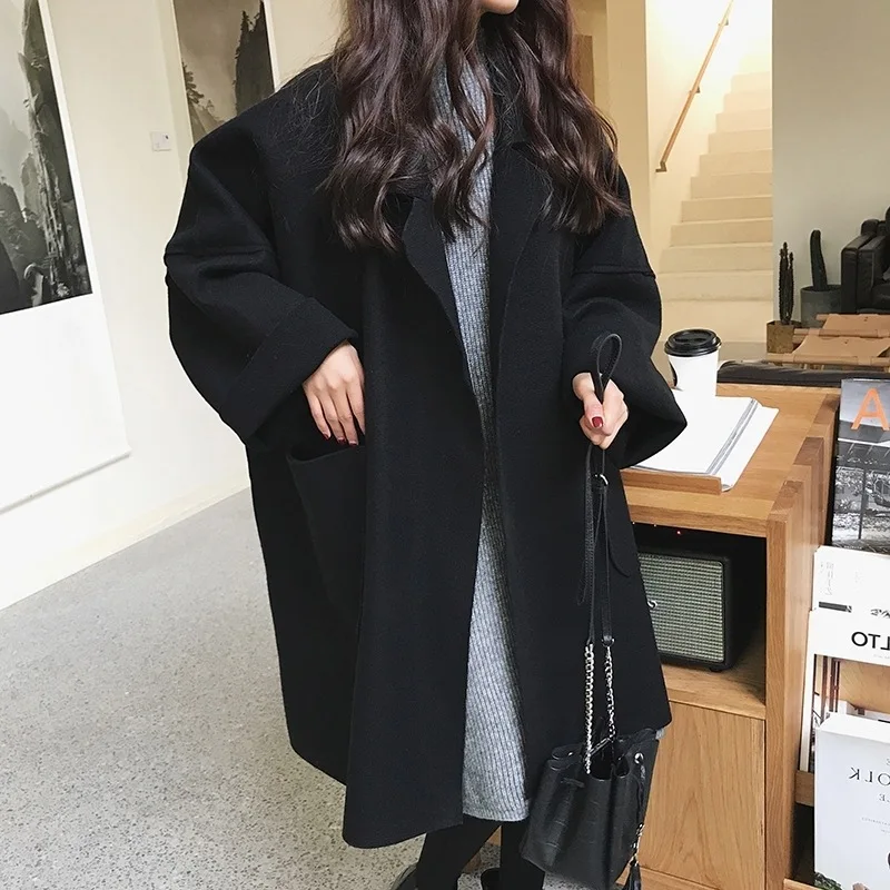 

Модное осеннее Свободное пальто в Корейском стиле, тонкий длинный Тренч большого размера из смешанной искусственной шерсти, Женская Офисна...