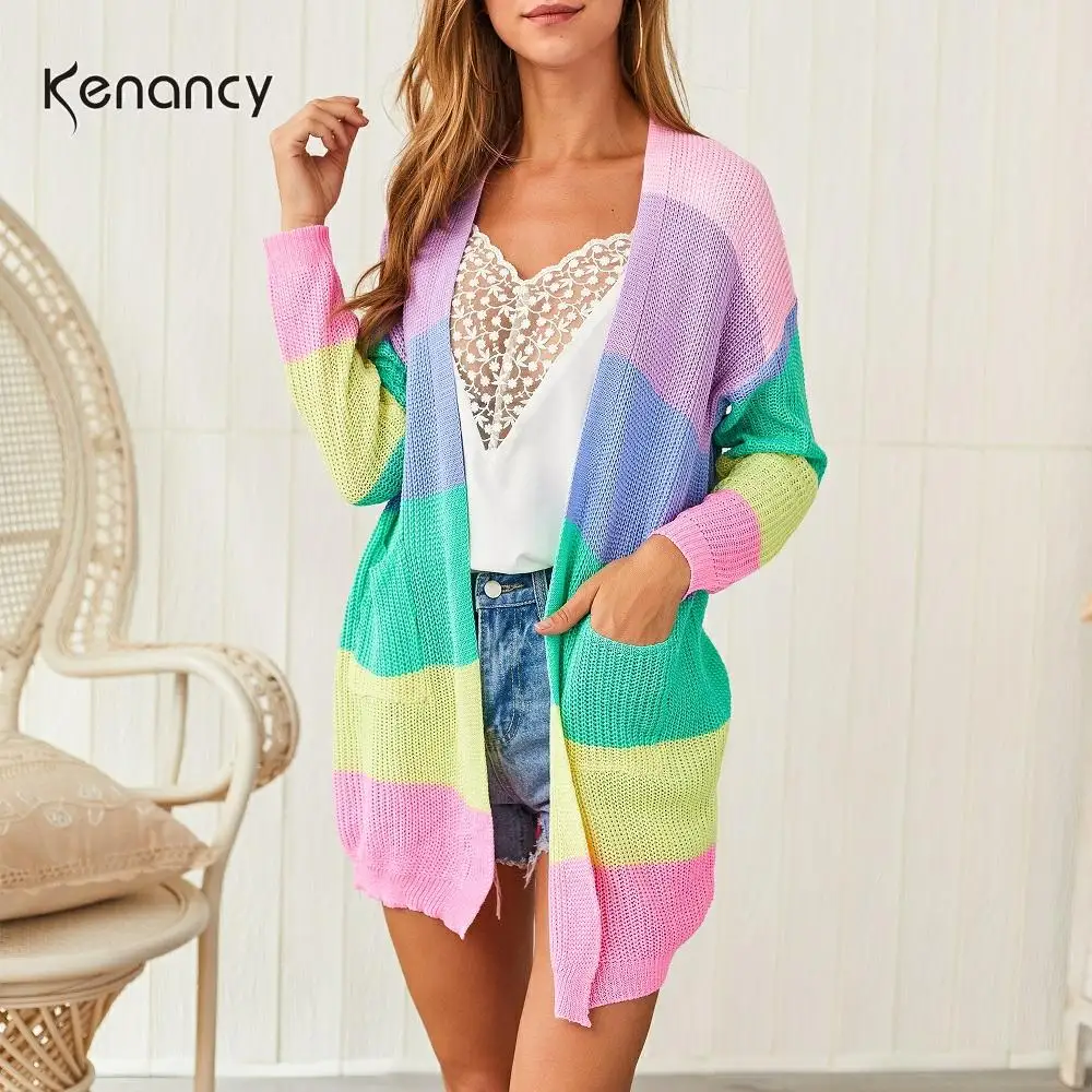 Модные яркие женские свитера Kenancy радужного цвета Осень зима повседневная