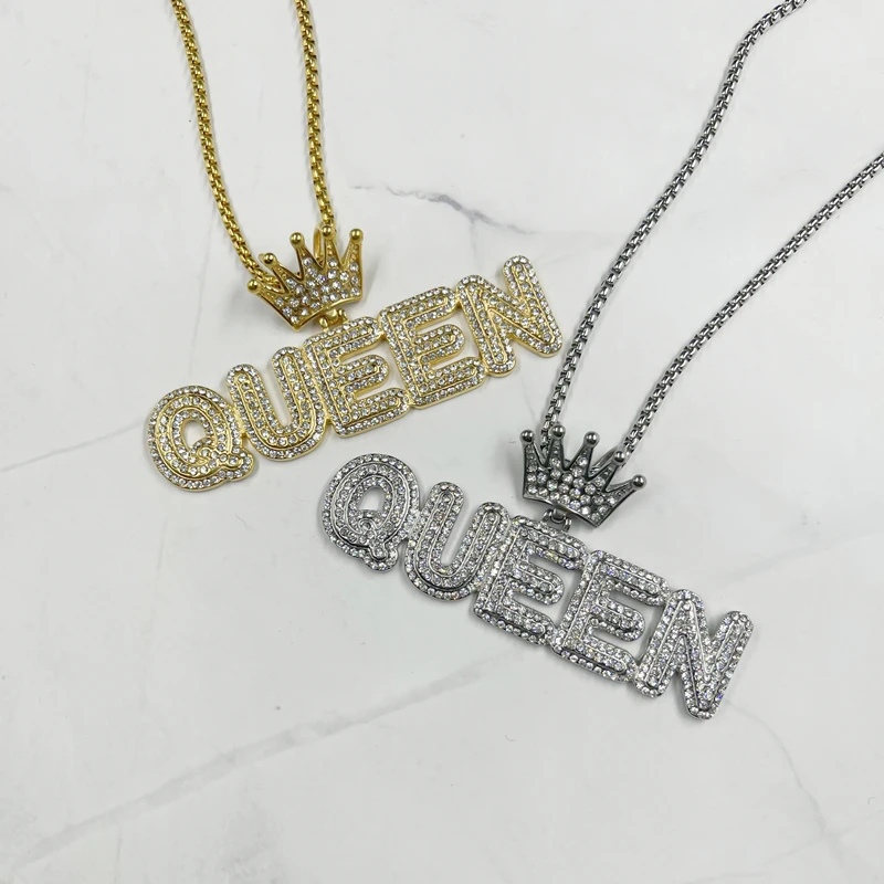 Female Letter Queen Pendant Necklaces with rhinestone Women Hip Hop Jewelry Statement Long Gold Silver color Ladies Gifts | Украшения и