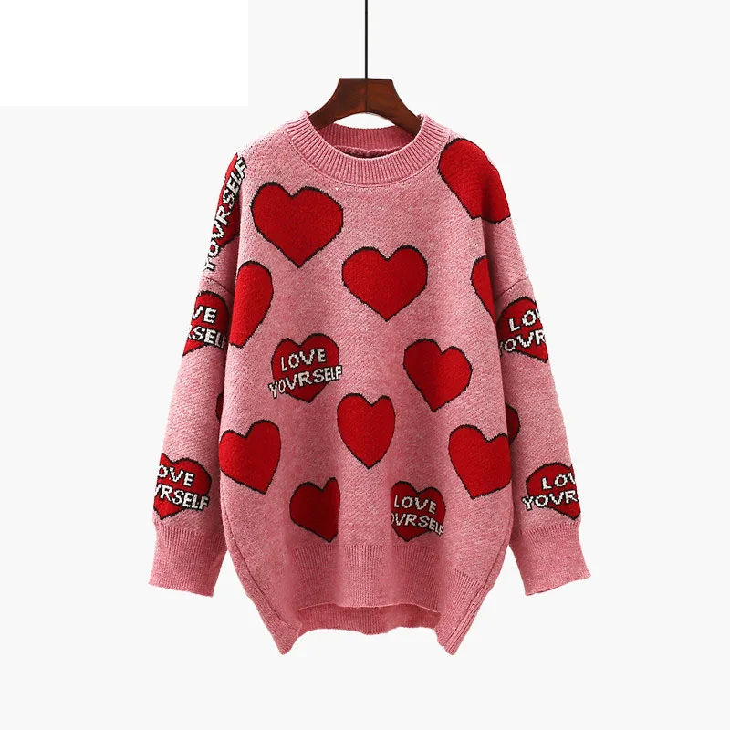 Свитер женский оверсайз с принтом круглым вырезом и длинным рукавом сердца буквы