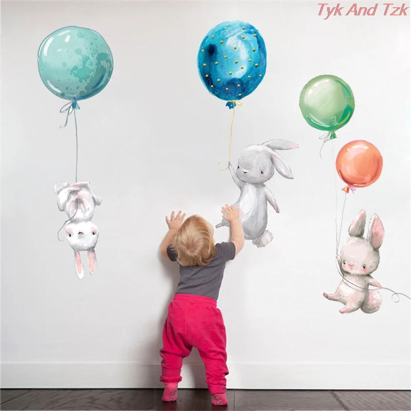 

Colorful Balloon Rabbits Wall Stickers Decoration Grey Rabbits for Bedroom Kids Room Nursery Decorative Wall Decal Home Decor