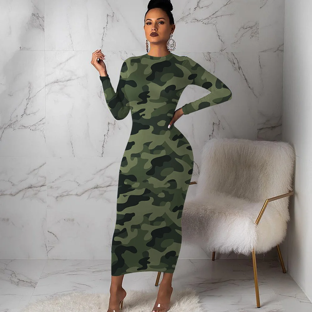 

Y2k Elegant Women Camouflage Print O-neck Slim Long Evening Party Dresses Sexy Female Clothing Bodycon Robe Autumn Winter 2022