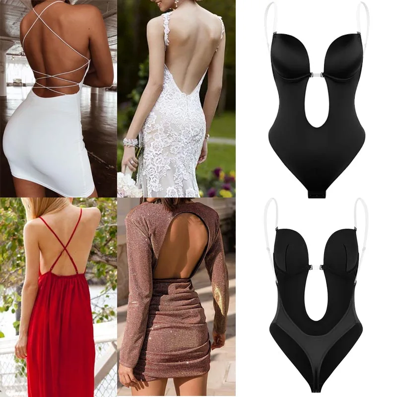 Женское боди с глубоким v-образным вырезом корректирующее прозрачными бретелями