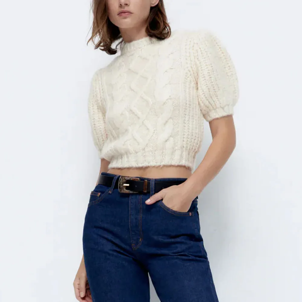 

BM UR HM ZA Women's 2021 Fall New Fashion Slim Ladies Sweater Casual Wild Round Neck Short Sleeve Twisted Rope Knit Chic