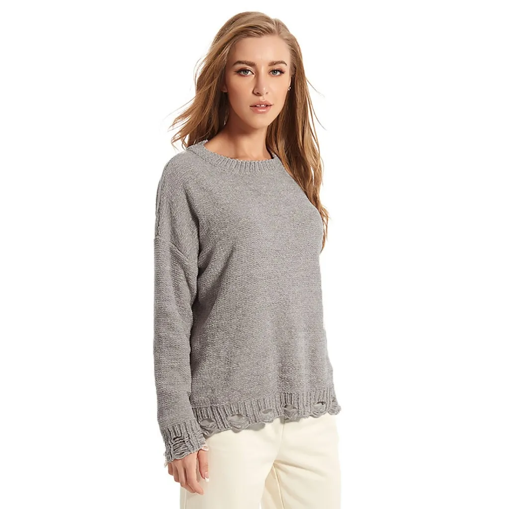 Женский свободный вязаный свитер однотонный пуловер с круглым вырезом и длинным