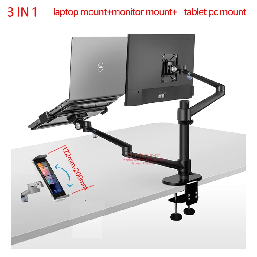 OL-3T Aluminum 3 in 1 Height Adjustable Desktop Dual Arm 17-32 inch Monitor Holder+10-17 inch Laptop Stand +14 inch Tablet Mount