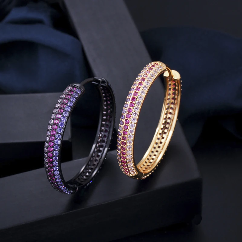 ThreeGraces Trendy Multicolor Cubic Zirconia Yellow Gold Color Circle Round Hoop Earrings for Women Fashion Party Jewelry ER321 | Украшения