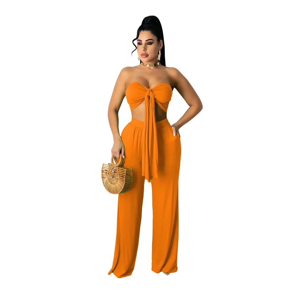 

Summer tube top cross bandage beach suit Loose trousers two-piece suit Strapless bandage top Woman pure color elegant clothes