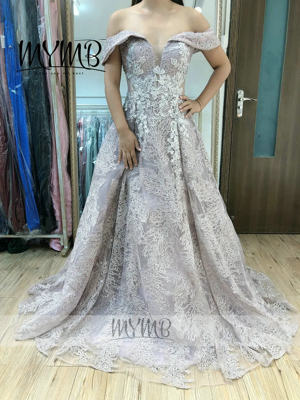 

2021 New Model Off Shoulder Sweetheart A Line Evening Dress MYMB Pink Puffy Princess Dress MY31129