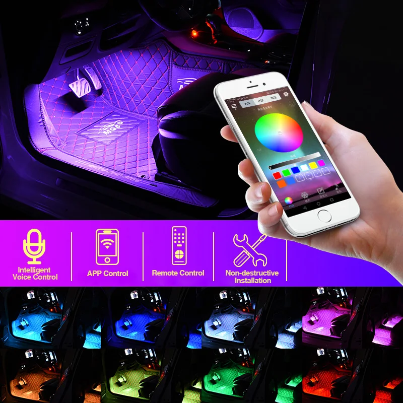 

4Pcs LED Car Foot Light Ambient Lamp With USB Wireless Remote Music Control Multiple Modes Automotive Interior Decorative Lights