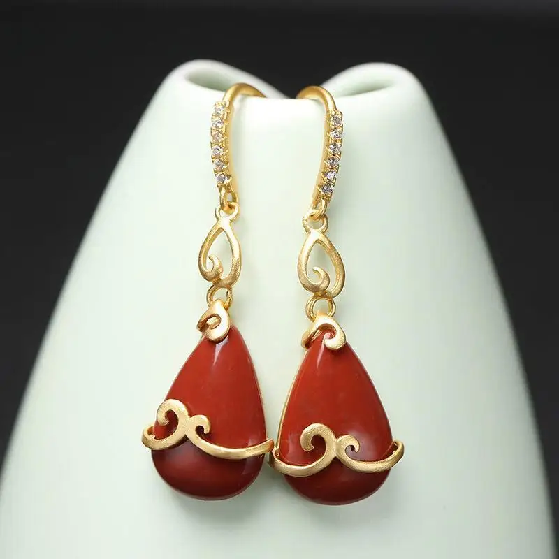 

Southern Red Agate Long Water Drop Red Earrings Elegant Hoop Sterling Silver Gold-Plated Mantra Earrings Line to Give Mom Mother