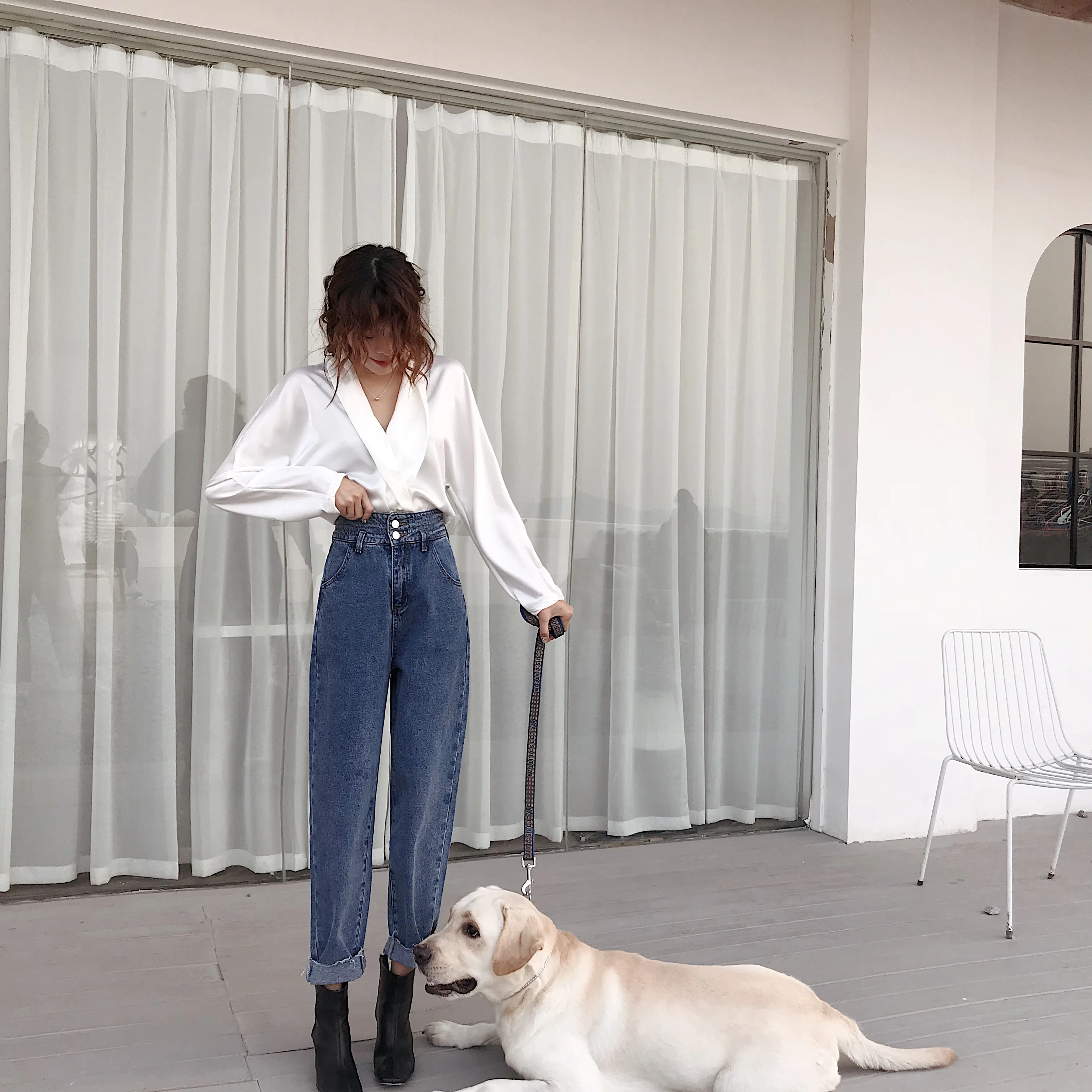 

Women's Korean-Style Cropped Elegant High Waist Denim Harem Pants Hong Kong Style Loose Slimming Versatile Daddy Tappered