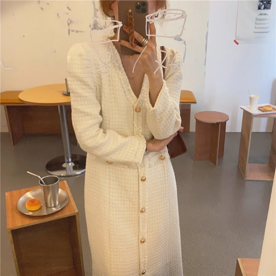 

Long Sleeve Dress Women V-Neck Zip Female Vintage Hepburn Elegant Loose Tweed Midi Dress Black White
