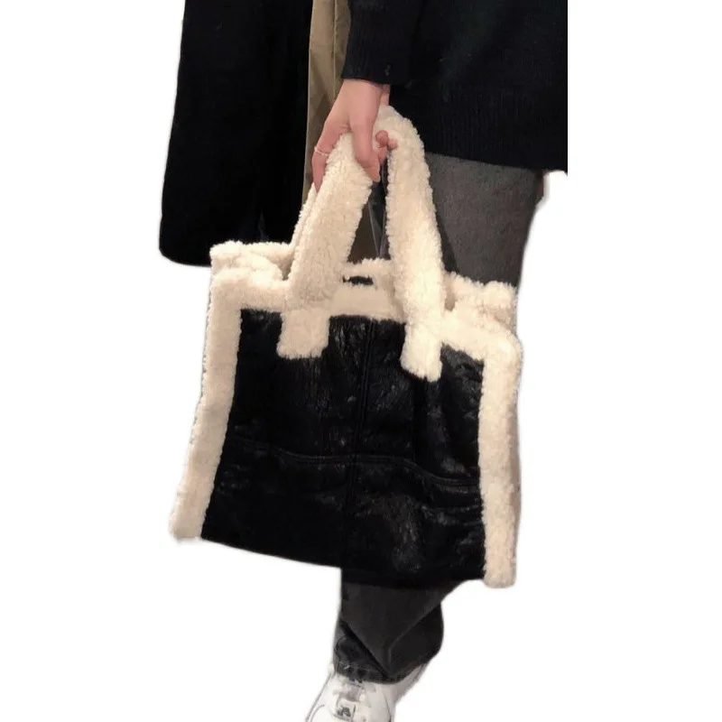 

Fashion Plush Tote Women's Handbag Casual Wool Pu Leather Shoulder Messenger Bags for Women 2020 Winter New Purse Bag