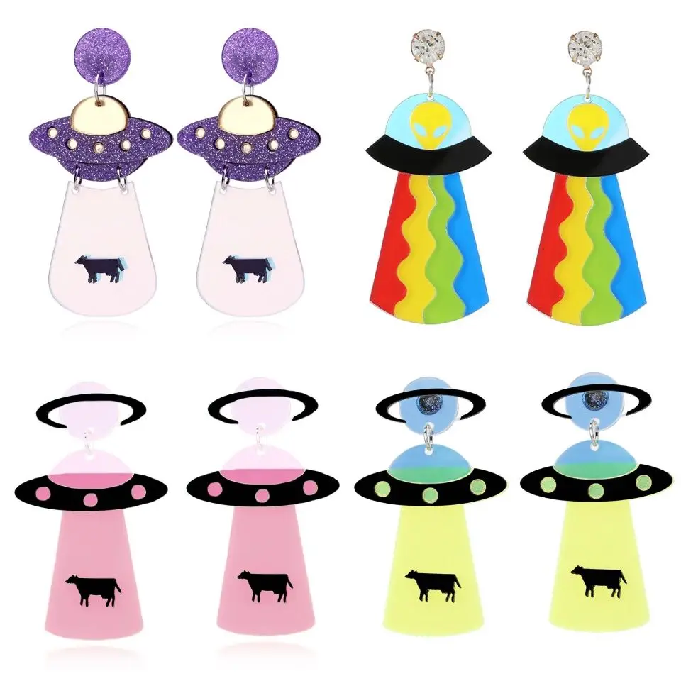 

Punk Funny Spaceship Flying Saucer Acrylic Dangle Earrings For Women Girl Alien UFO Saucerman Drop Earrings HipHop Party Jewelry