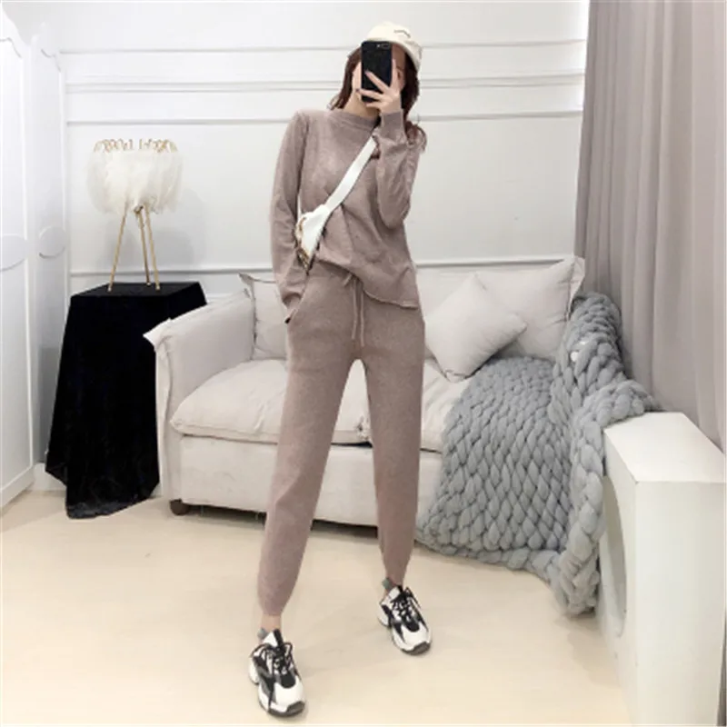 

Korean Tracksuit Long Sleeve Knitted Pullovers + Elastic Waist Long Trousers Set Women Solid Casual Two Piece Set New F509