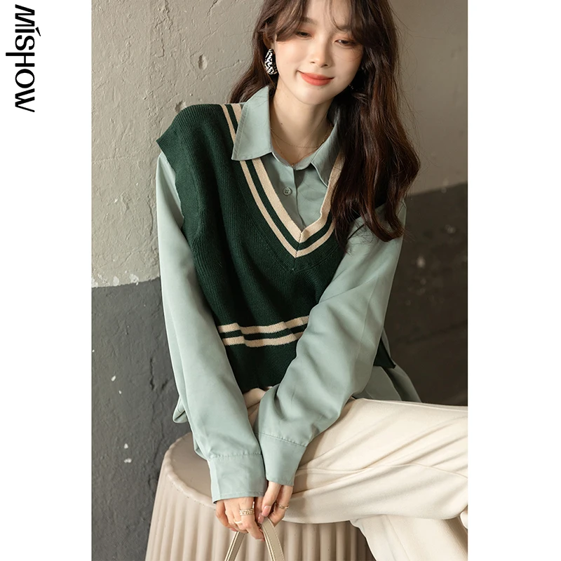 

MISHOW 2021 Winter Shirts For Women Patchwork Knitted Front Design Office Lady Long Sleeve Female Fashion Tops MXA41C0148