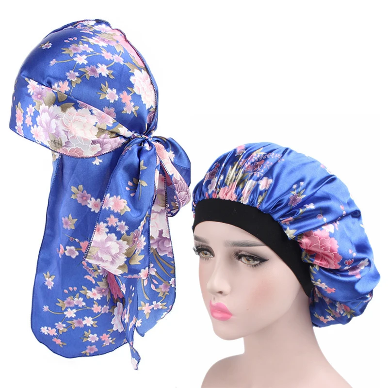 Custom Fashion Couple Set Bonnet And Durag Floral Satin Night Sleeping Cap Do Rag