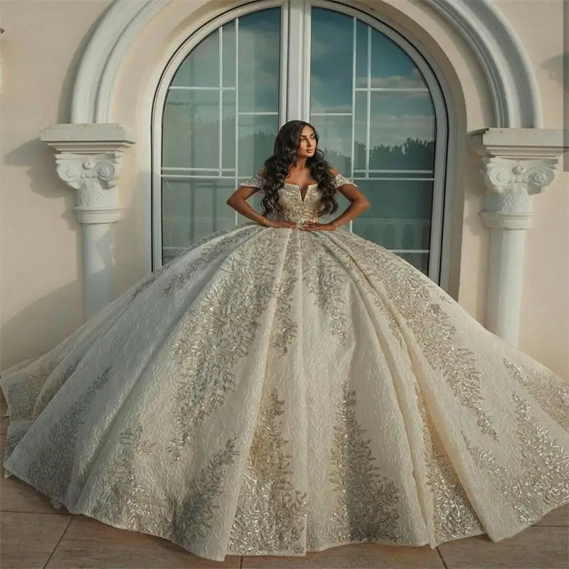 

Luxury Dubai Arabia Ball Gown Wedding Dresses Off Shoulder Beads Lace Appliqued Plus Size Custom Made Bridal Gown Robe de mariée