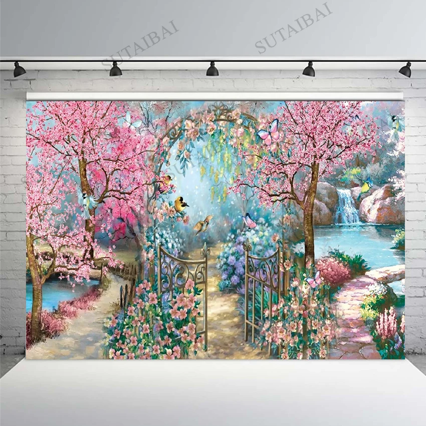 Cherry Blossoms Tree Bird Butterfly Garden Door Park Landscape Backdrop High Quality Vinyl Wedding Decorations Background Banner