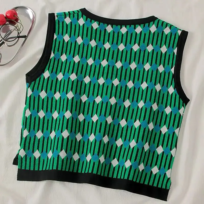 Женский вязаный свитер жилет весна 2020 корейский стиль винтажный пуловер в клетку