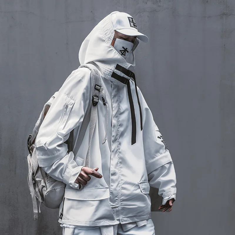 

Techwear White Casual Jackets Coats Men Women Hip Hop Japan Style Detachable Hooded Outerwear Male Autumn Oversized Streetwear
