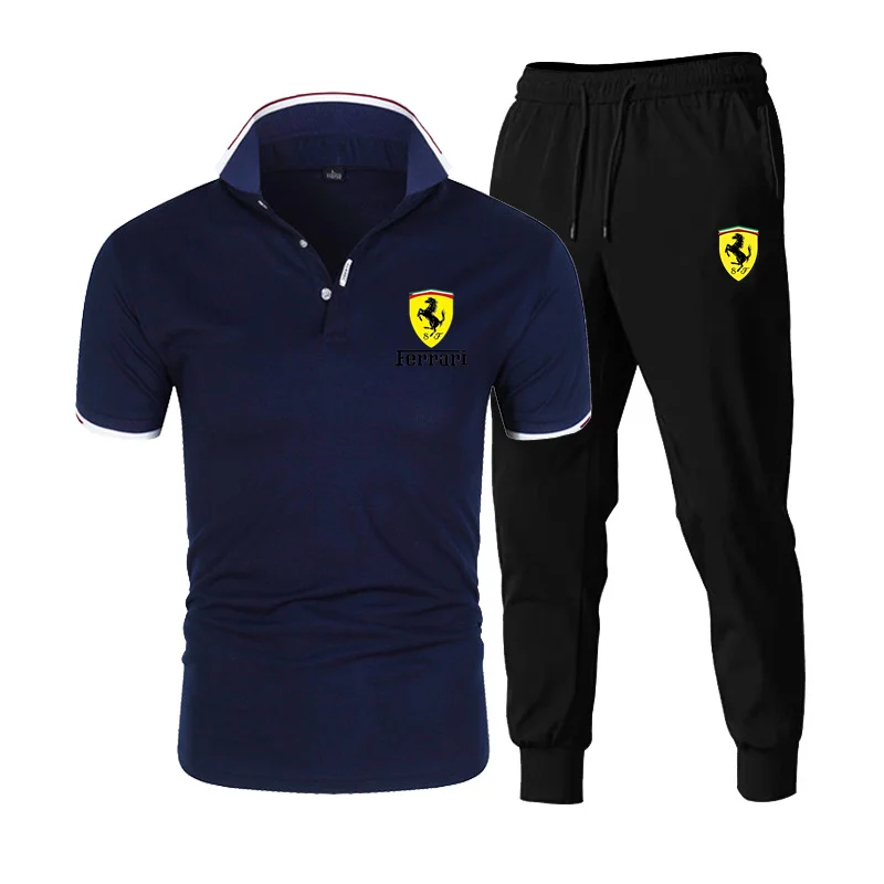 

2021 new men's sportswear summer polo suit men's lapel short-sleeved shirt fitness polo shirt + casual pants two-piece suit